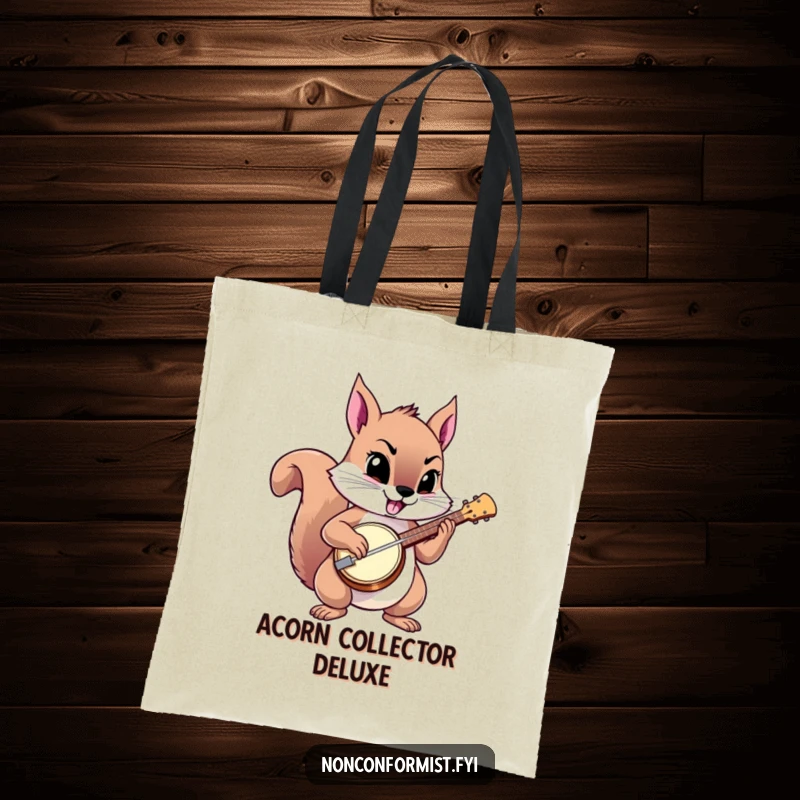 Funny squirrel tote bag with a squirrel playing a defiant tune on a tiny banjo.