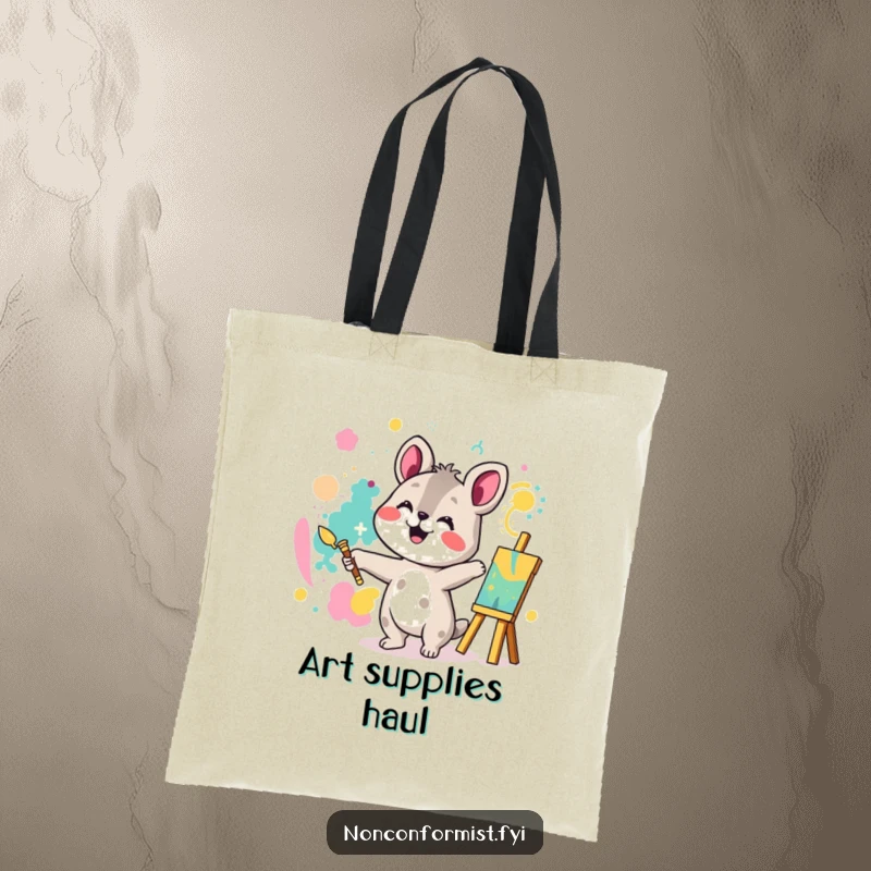 Funny tote bag with an animal character joyfully painting a bright abstract design, symbolizing creativity and artistic expression.