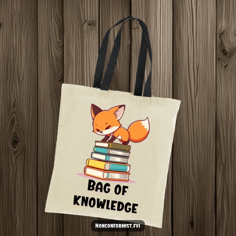 Funny tote bag with a determined fox character trying to maintain balance on a jumbled stack of books.