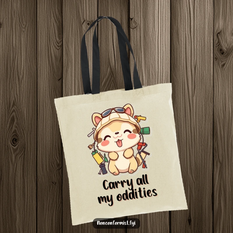 Funny Tote Bag showing a playful animal with tongue out, building with various items. A quirky and funny gift.