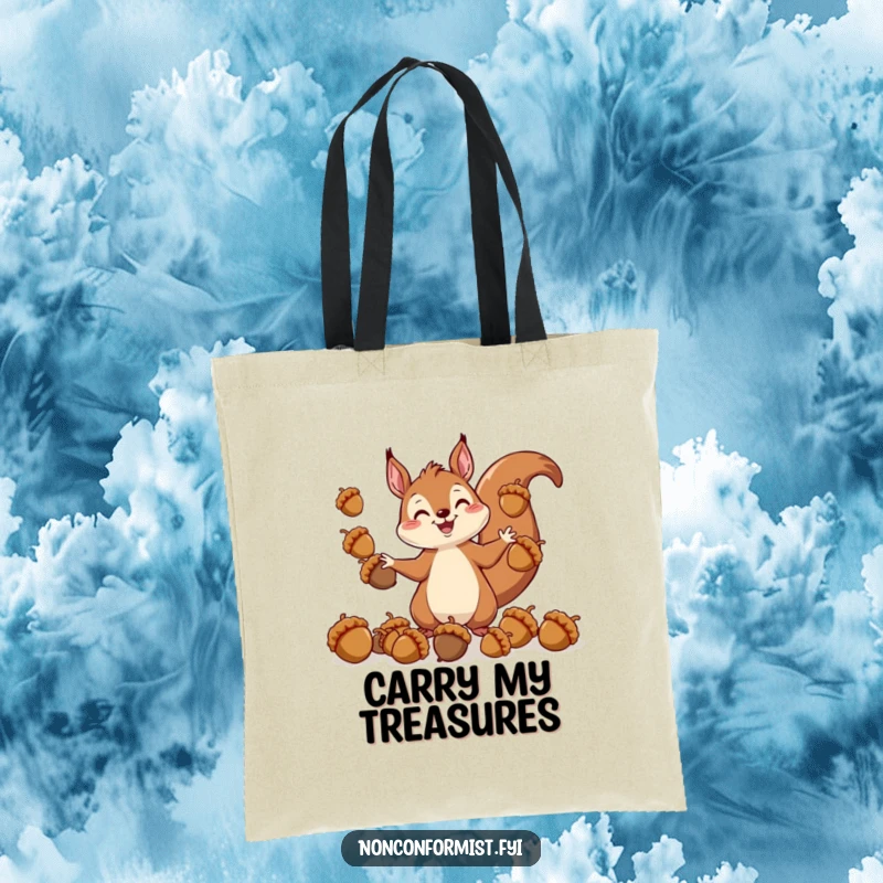 Funny tote bag featuring a cheerful squirrel character juggling a variety of acorn sizes, ideal for a humorous shopping trip.