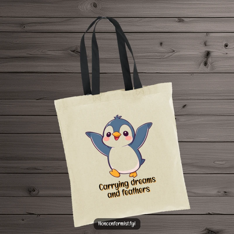 Funny kawaii penguin character with mismatched wings happily attempting to fly, depicted on a durable tote bag for humorous flair.