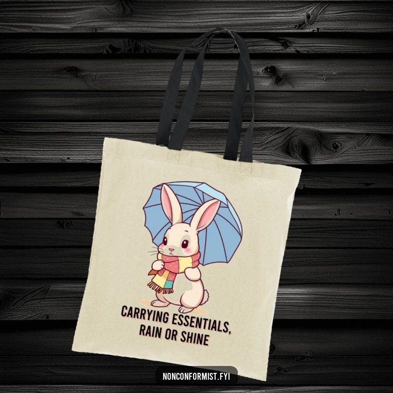 Funny Rabbit Tote Bag: A stylish rabbit with a patchwork scarf and umbrella, perfect for carrying essentials with a humorous touch.