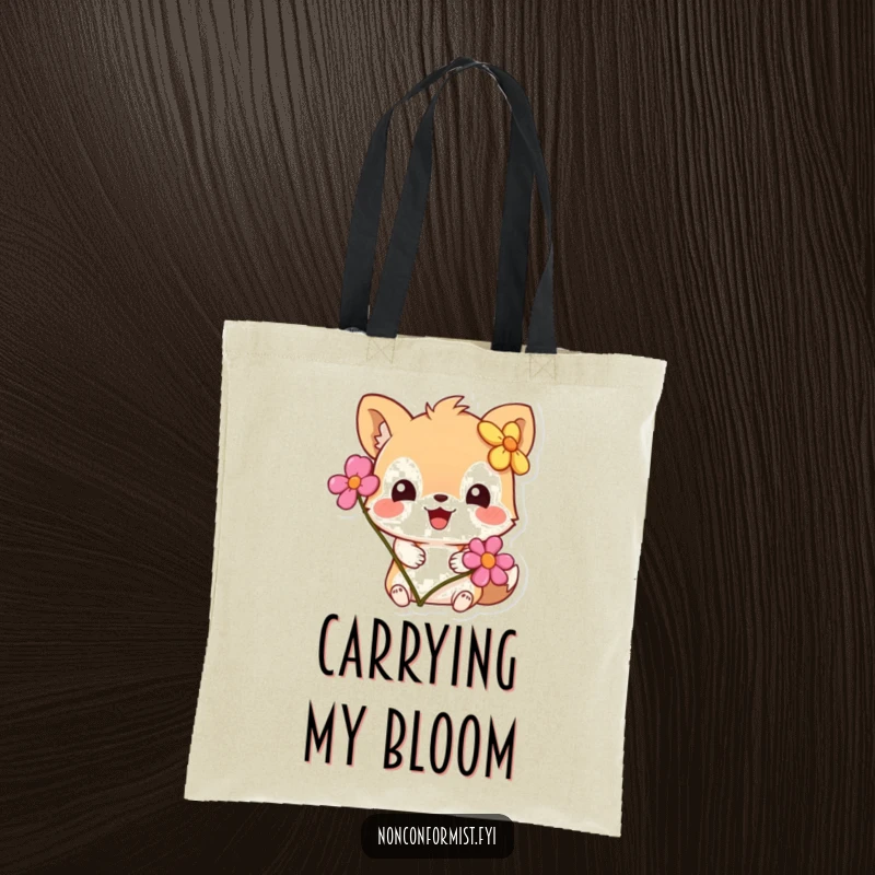 Funny Tote Bag: A charming animal character wearing a flower on its ear instead of its head, perfect for stylish, humorous shopping.