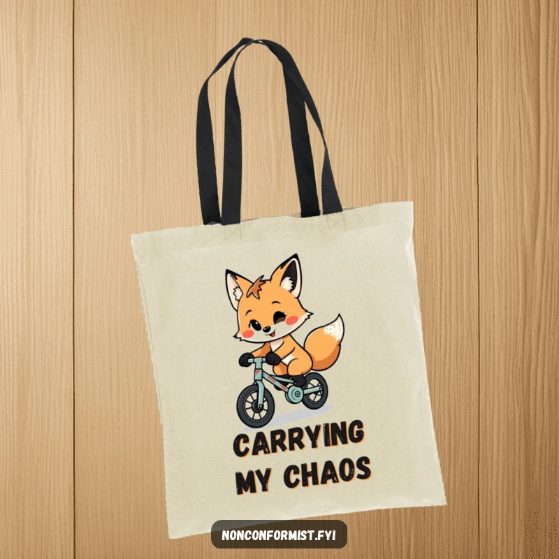 Funny quirky fox with a playful smirk riding a tiny, patched-up unicycle on a practical and amusing tote bag.