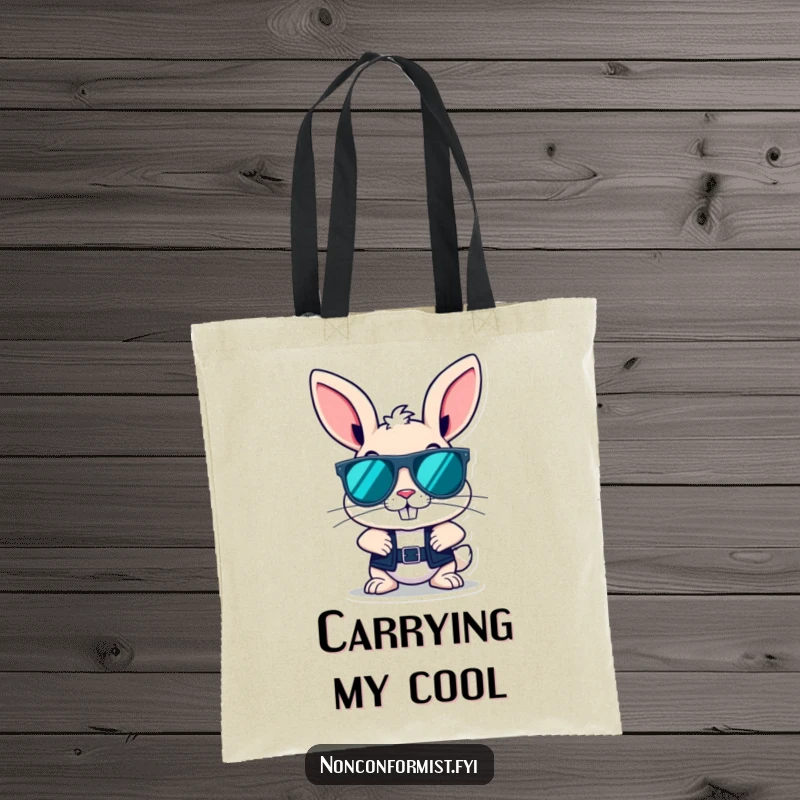 Funny bunny with a cool grin and oversized sunglasses, featured on a durable and stylish tote bag for a rebellious flair.