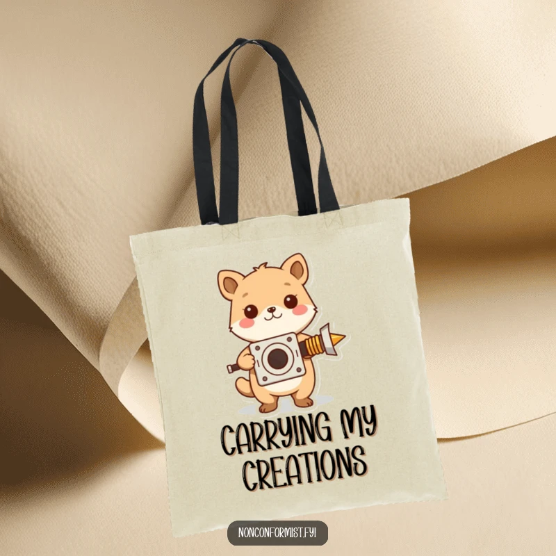 Funny tote bag with a cute mouse character proudly displaying a peculiar, homemade invention, celebrating ingenuity.