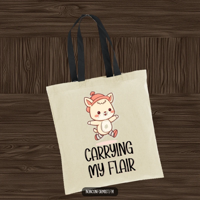 Funny animal tote bag featuring a cute character wearing mismatched socks and a quirky hat, skipping with pure delight.