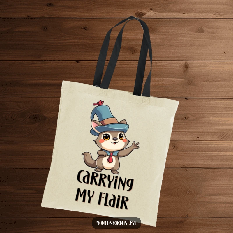 Funny animal character with an eccentric hat striking a dramatic pose, printed on a functional and funny tote bag.