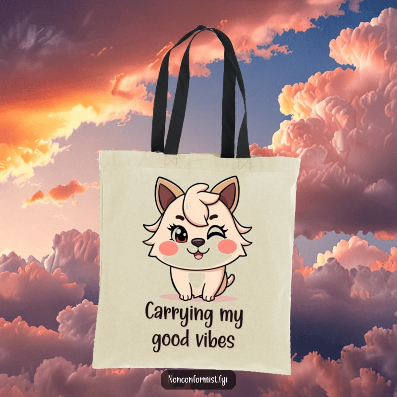 Funny Tote Bag with a cheerful animal winking and a unique, asymmetrical haircut. A stylish and funny gift.