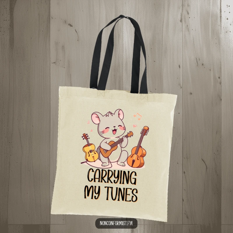 Funny tote bag with a tiny animal character joyfully playing a variety of musical instruments, from tiny to huge, with a smile.