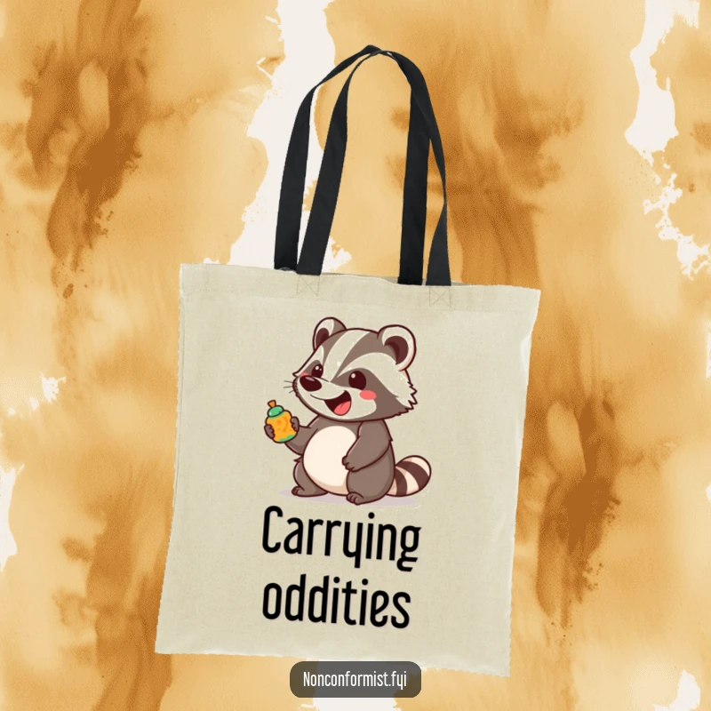 Funny unique badger character bounces with excitement holding a brightly colored, unusual object on a practical tote bag.