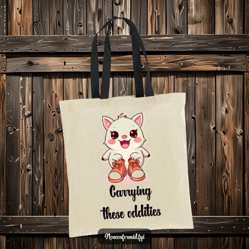 Funny Tote Bag: A quirky creature happily displaying two completely different shoes, perfect for stylishly carrying essentials with humor.