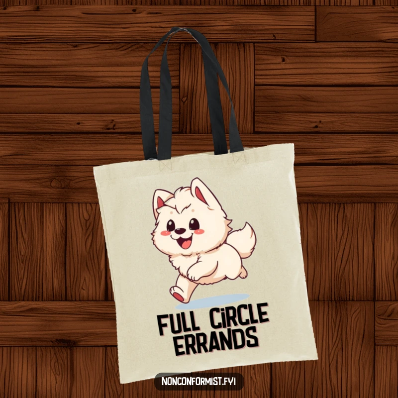 Funny Tote Bag: A grinning, fluffy dog character caught in a hilarious loop of chasing its own tail, perfect for daily errands.