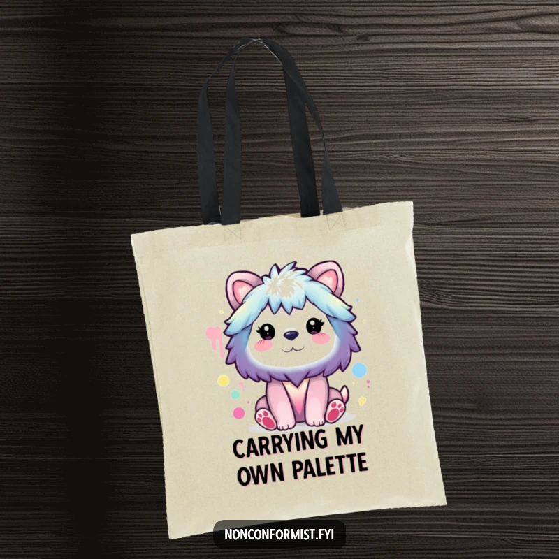 Funny Tote Bag: Animal character painting a rainbow with odd colors, a humorous accessory for carrying art supplies.