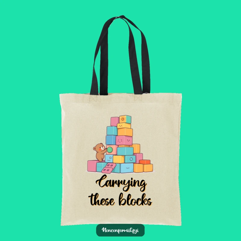 Funny Bear Tote Bag: Chic Tower Builder, Colorful Blocks Style, Perfect Funny Gift