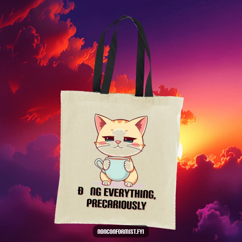 Funny Cat Tote Bag: A quirky cat balancing a teacup on its nose, demonstrating intense focus and a humorous personality.