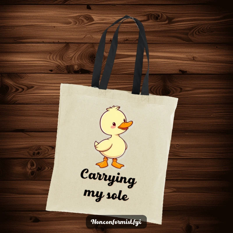 Funny Duck Tote Bag: A cheerful duck wearing one brightly colored boot, perfect for carrying essentials with humor.