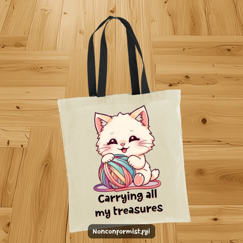 Funny tote bag featuring a fluffy cat delightedly playing with a riotous ball of colorful yarn, a charmingly chaotic scene.