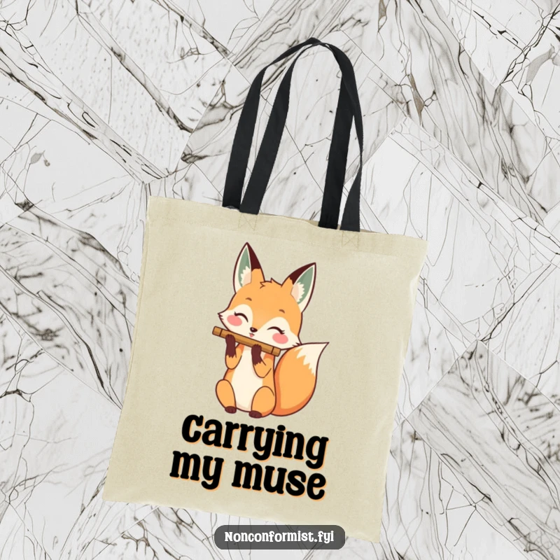 Funny tote bag featuring a happy fox playing a flute with its tail, perfect for carrying music gear and more.