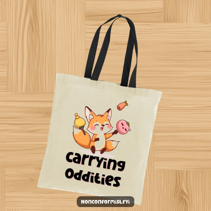 Funny fox tote bag featuring a playful character juggling three oddly shaped objects with impressive dexterity and fun.