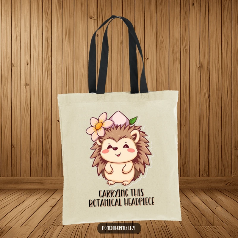 Funny hedgehog tote bag showcasing a cheerful creature wearing an upside-down flower hat, ideal for stylish, humorous carrying.