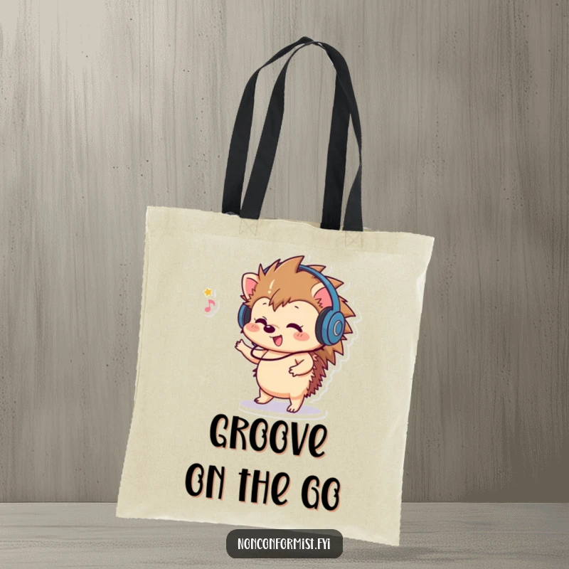 Funny Hedgehog Tote Bag: A playful hedgehog wearing headphones, dancing to music, a stylish and humorous accessory.