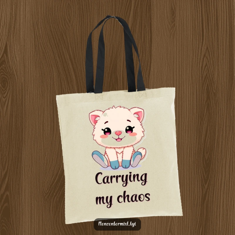 Funny tote bag with a cute, fluffy animal character grinning proudly, showcasing its fun, mismatched socks for a bold statement.