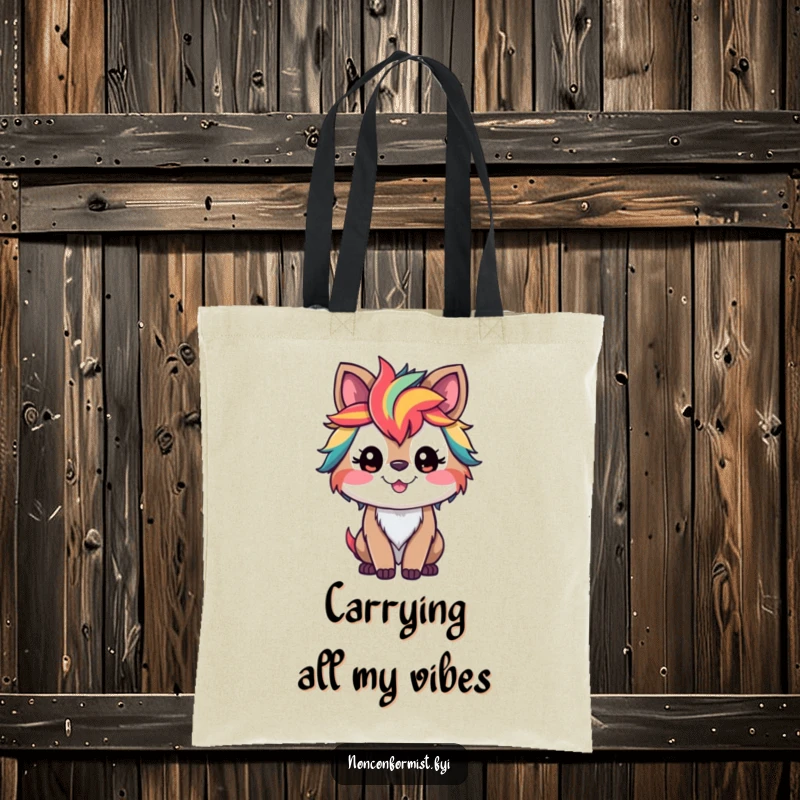 Funny tote bag featuring a smiling dog with bold, rainbow-colored streaks in its fur, perfect for carrying daily items.