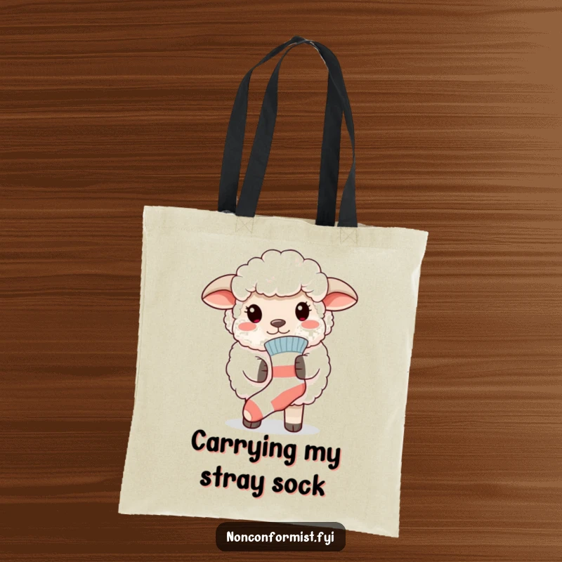 Funny tote bag with a fluffy sheep proudly wearing a mismatched sock, perfect for carrying items with a touch of humor.