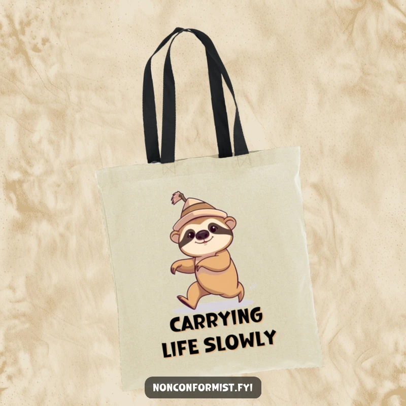 Quirky tote bag with a funny sloth wearing a hat, hilariously attempting speed walk.