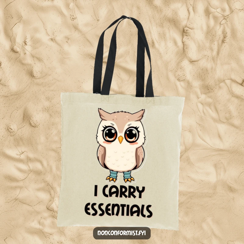 Funny owl tote bag with a cute owl wearing mismatched socks, expressing a questioning look.