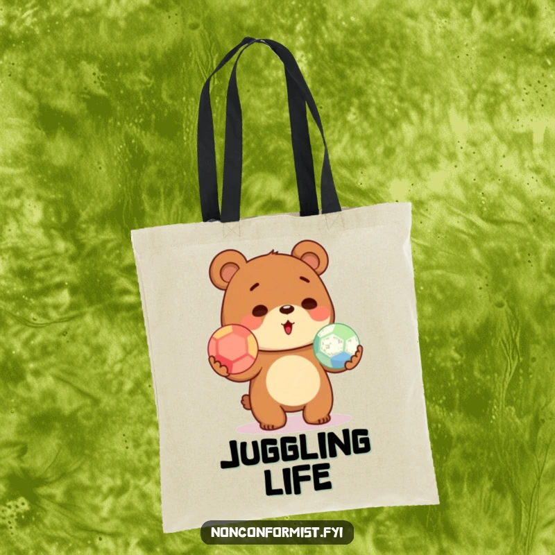 Funny cute bear juggling colorful balls depicted on a tote bag, symbolizing effort and lighthearted fun.