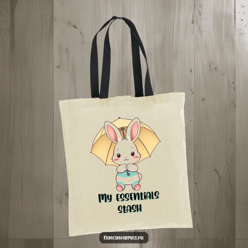 Funny tote bag depicting a shy bunny with mismatched socks and a polka-dot umbrella, a charming funny gift.