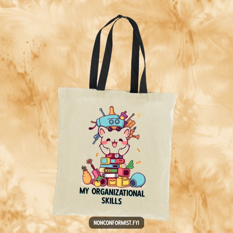 Funny tote bag showcasing a small animal character diligently stacking an assortment of odd, unrelated items into a towering structure.
