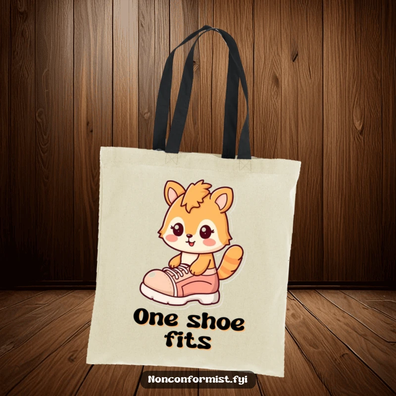 Funny tote bag featuring a silly fox with a cheerful smirk, balancing with a single, enormous shoe, ready for adventures.