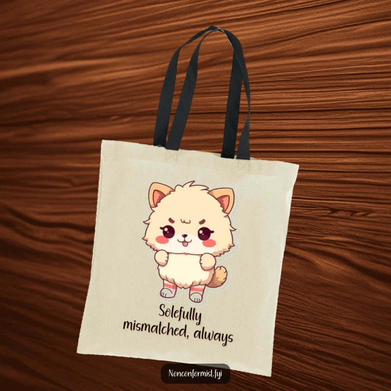 Funny Tote Bag: Fluffy animal with mismatched socks, looking proudly defiant and humorous, perfect for shopping.